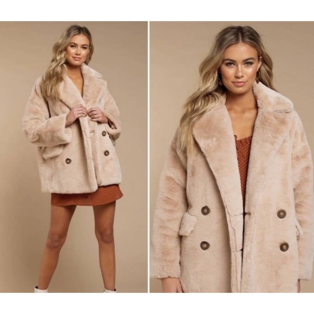 Free People Kate Faux Fur Teddy Coat Jacket Apricot Tan Oversized Fit Size XS